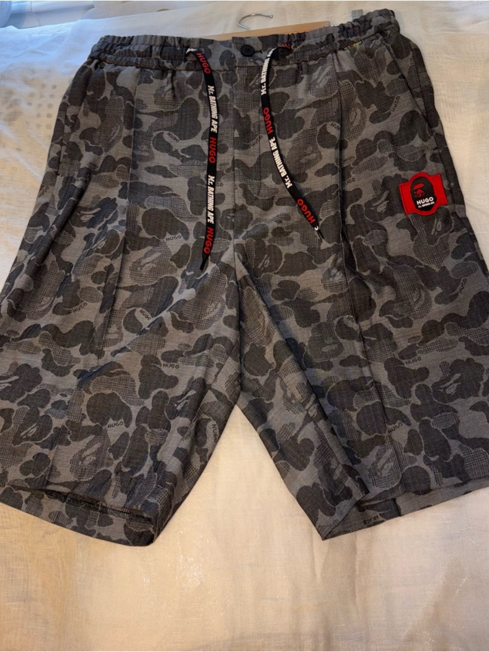Bape x Hugo Men's Gray Camo Cargo Shorts with Red Logo